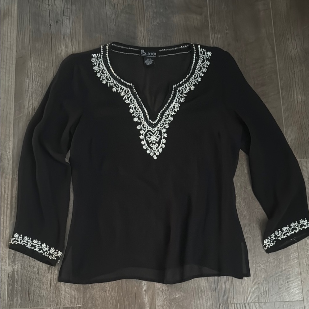 NY Collection Black and White Embellished 3/4 Sleeve Blouse